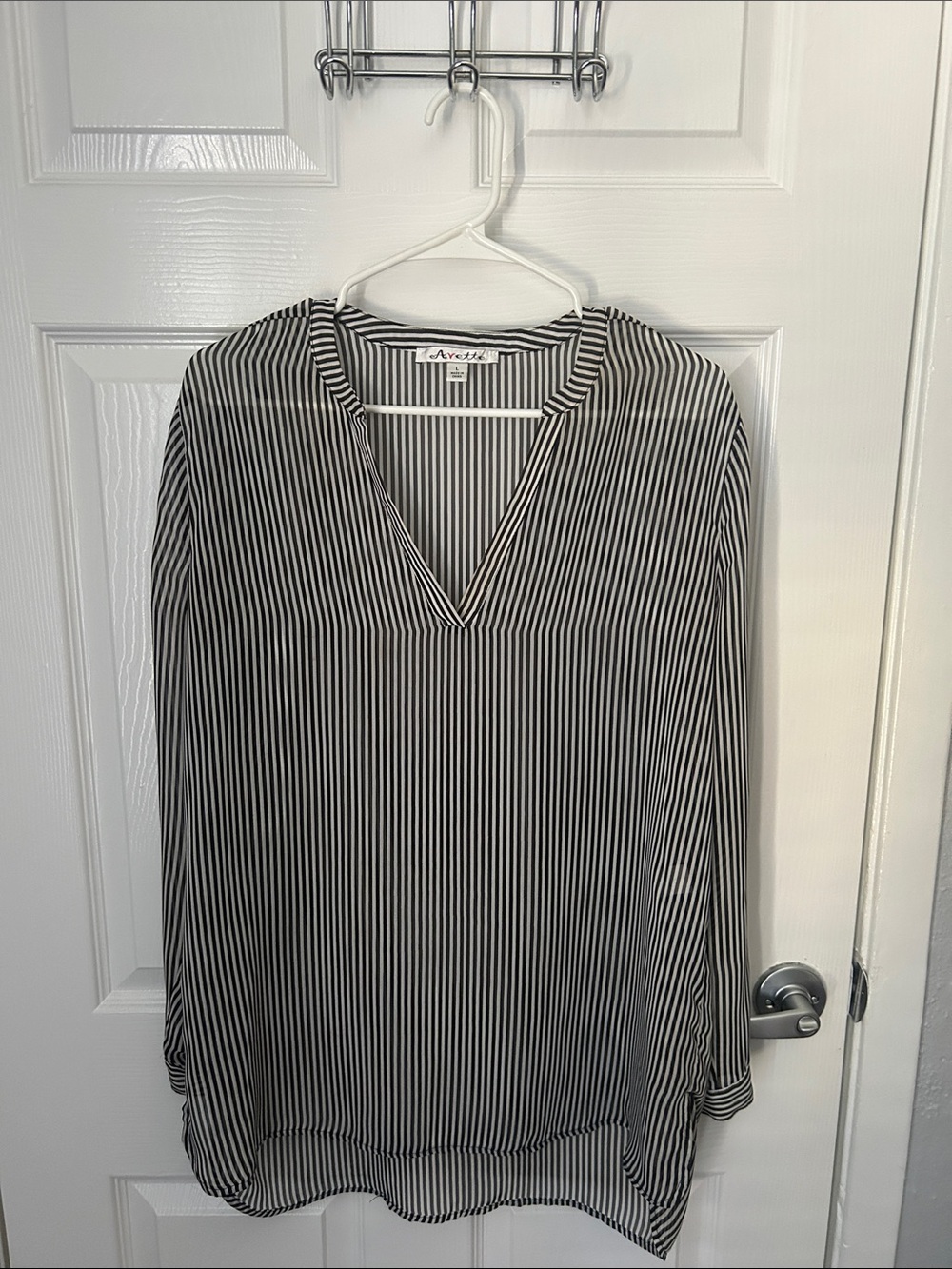 Avenue Black & White Vertical Stripe V-Neck Blouse
